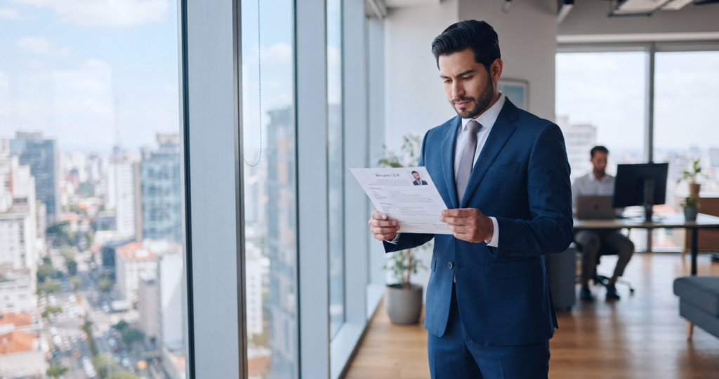 Profesional revisando su currículum de trabajo en una oficina moderna