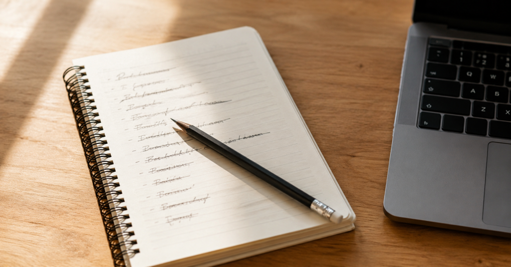 Cuaderno con una lista escrita a mano para preparar una entrevista de trabajo