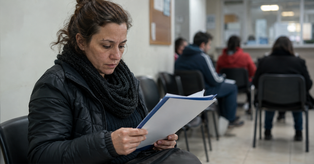 Persona esperando una entrevista en una oficina de empleo argentina, ilustrando la tasa de desempleo 2026