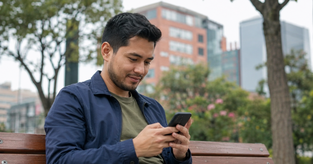 Persona buscando empleo en su teléfono en un parque de Bogotá, Colombia