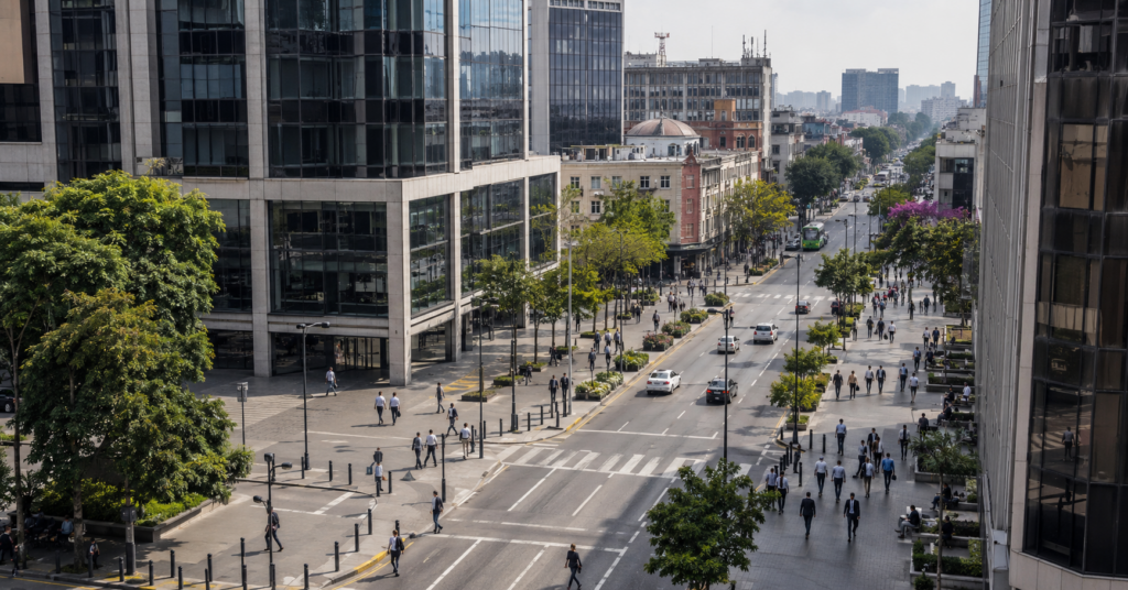 Vista urbana de México con actividad económica y personas trabajando