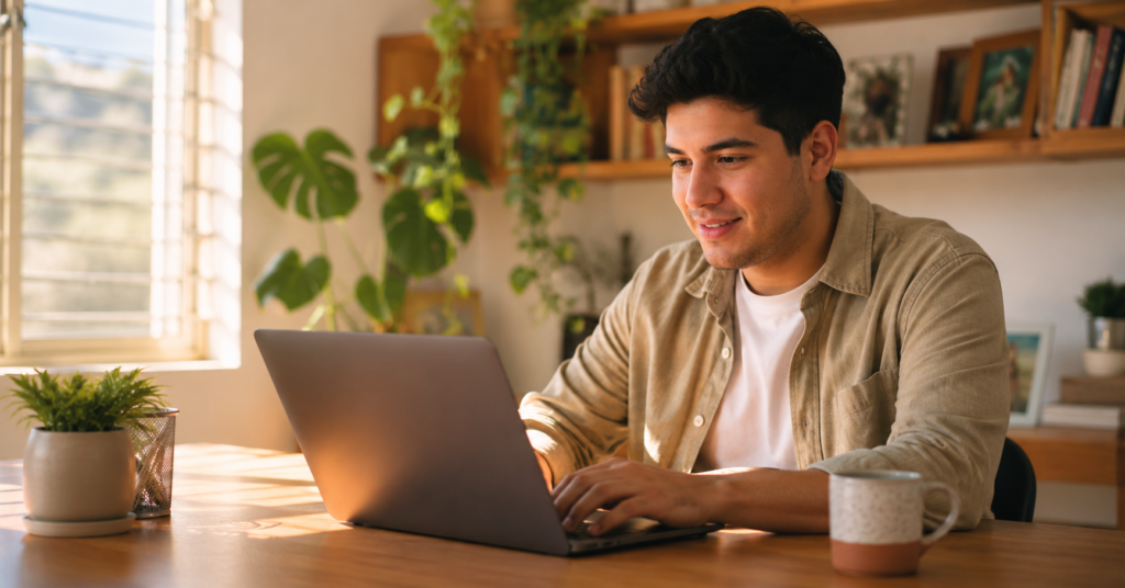 Persona trabajando remoto desde casa en una laptop