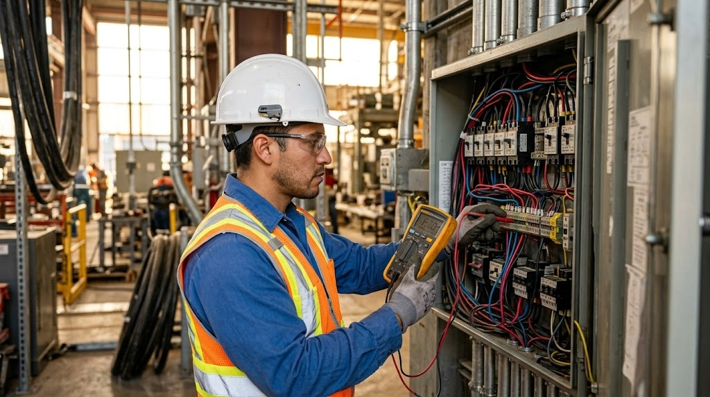 Técnico electricista revisando panel eléctrico en instalación industrial en México