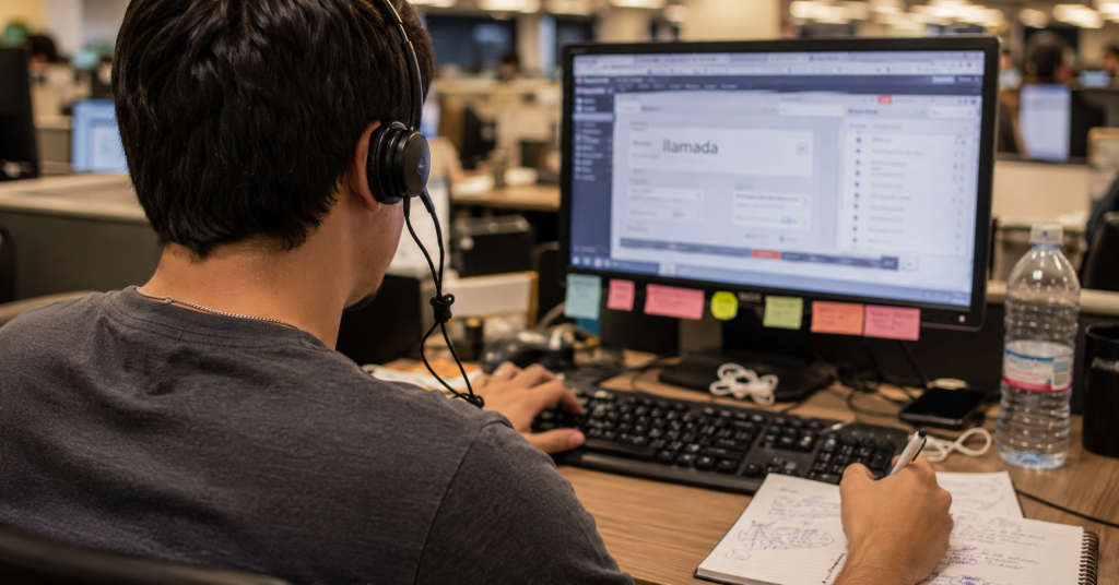 Agente de call center trabajando en sus funciones diarias en una vacante de la UVM