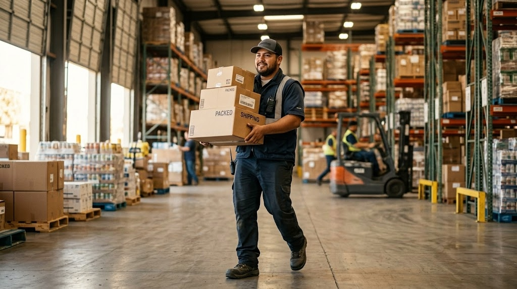 Trabajador de almacén cargando mercancía en bodega de distribución